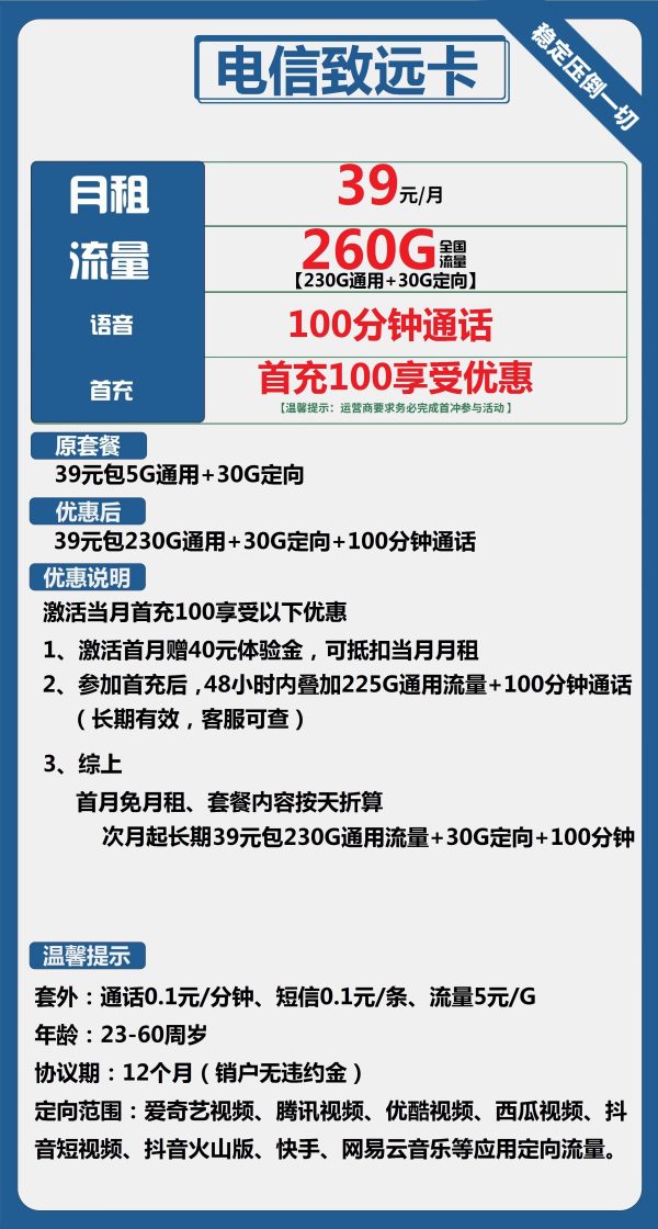 电信致远卡39元/260G/100分钟