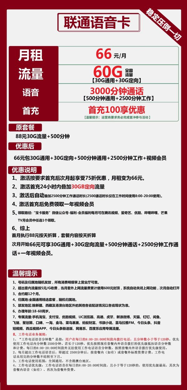 联通语音卡66元/60G/3000分钟