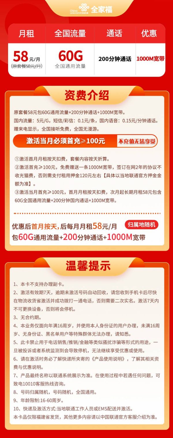 福建联通全家福58元/60G/200分钟