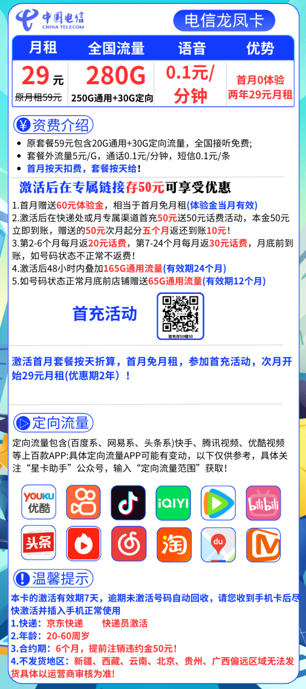 电信龙凤卡29元/280G