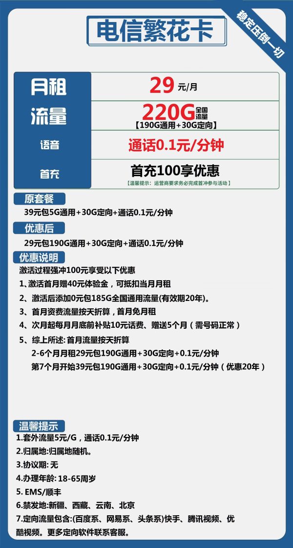 电信繁花卡29元/220G