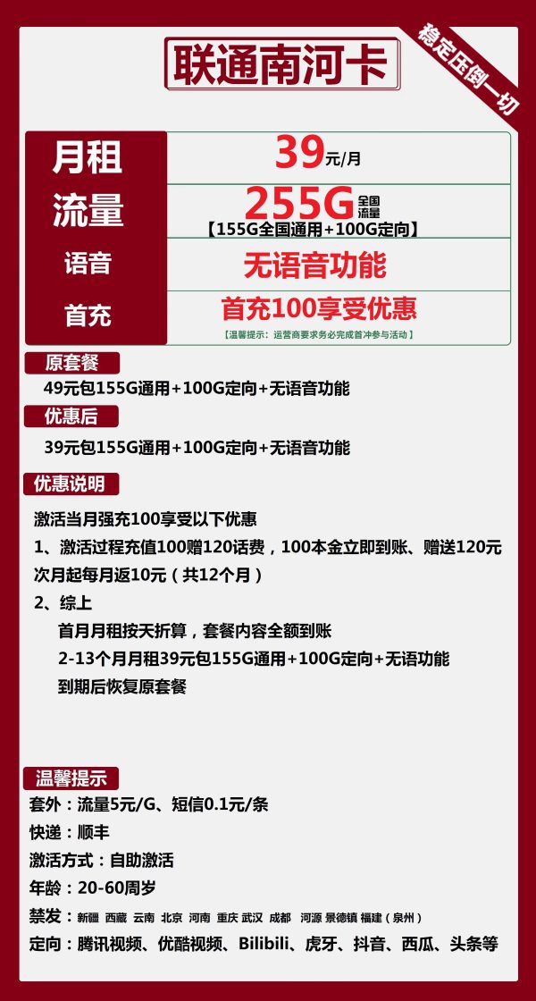 联通南河卡39元/255G