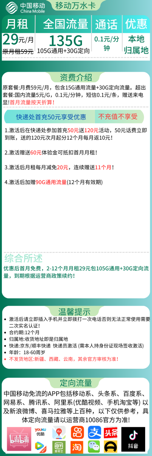 移动万水卡29元/135G