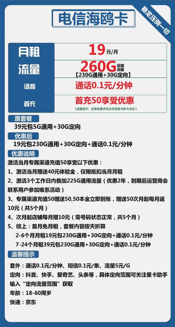电信海鸥卡19元/260G
