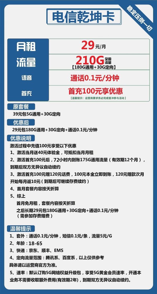 电信乾坤卡29元/210G