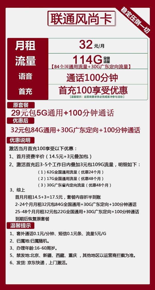 联通风尚卡32元/114G
