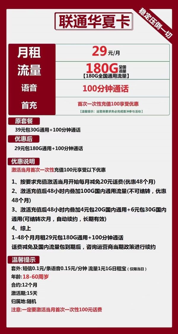 联通华夏卡29元/180G/100分钟