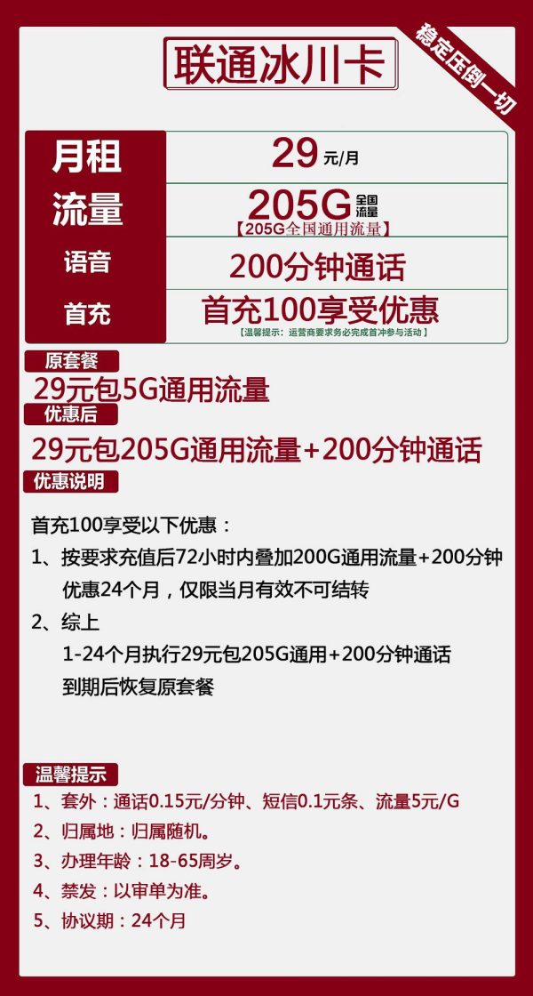 联通冰川卡29元/205G/200分钟