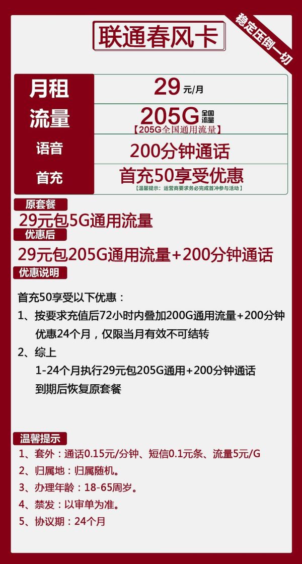 联通春风卡29元/205G/200分钟