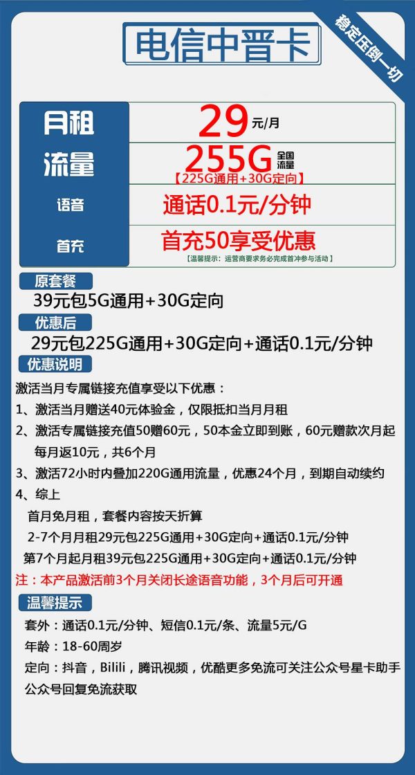 电信中晋卡29元/255G