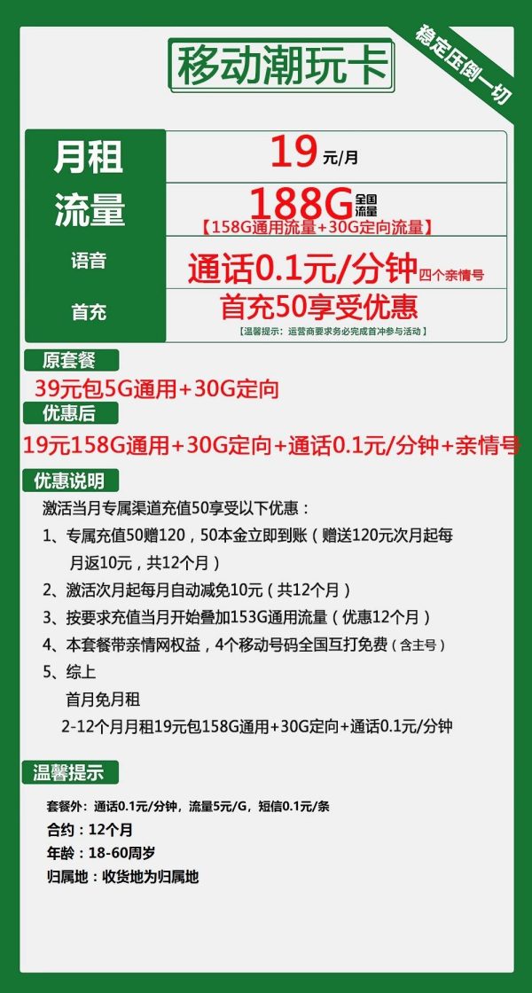 移动潮玩卡19元/188G