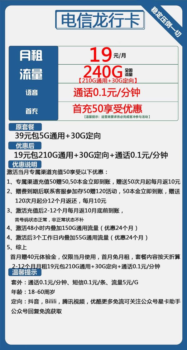 电信龙行卡19元/240G