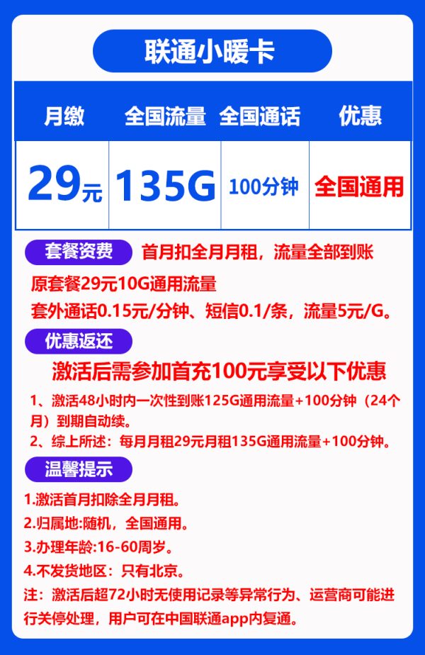 联通小暖卡29元/135G/100分钟