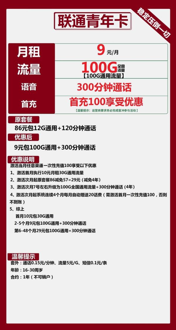 联通青年卡9元/100G/300分钟