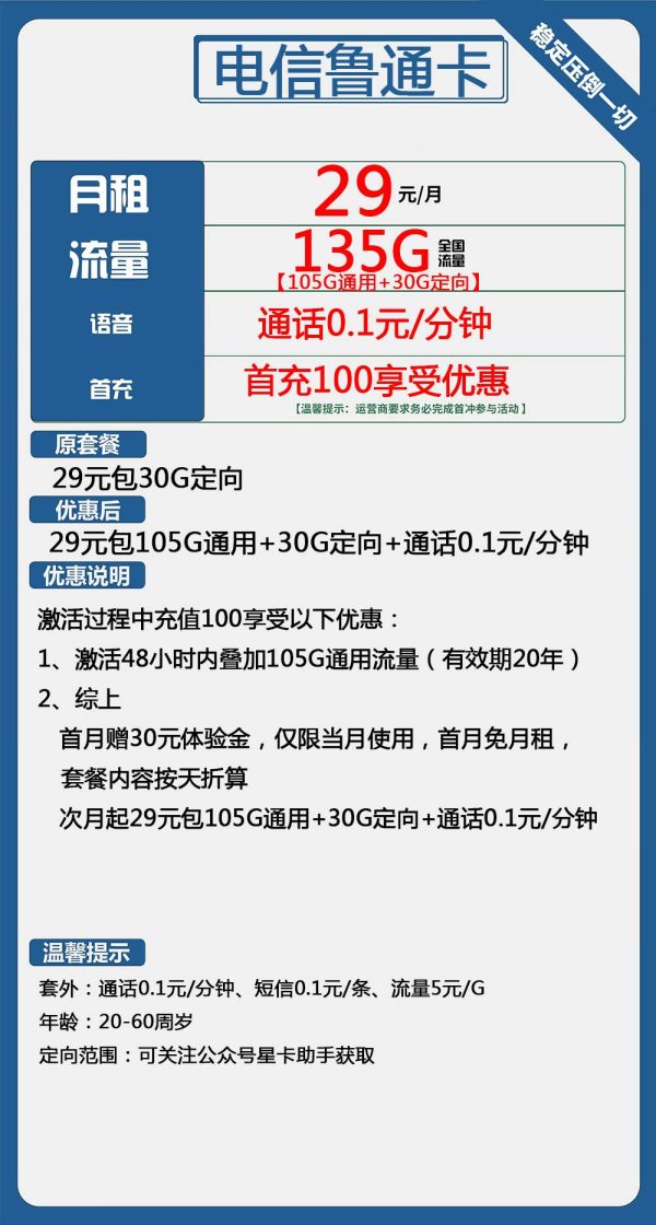 电信鲁通卡29元/135G