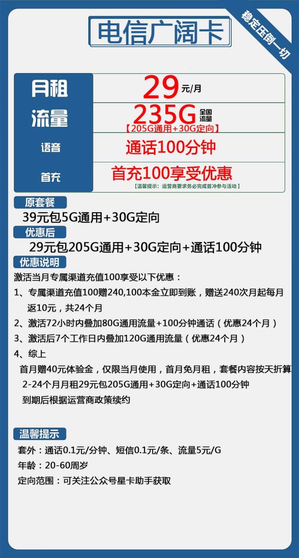 电信广阔卡29元/235G/100分钟