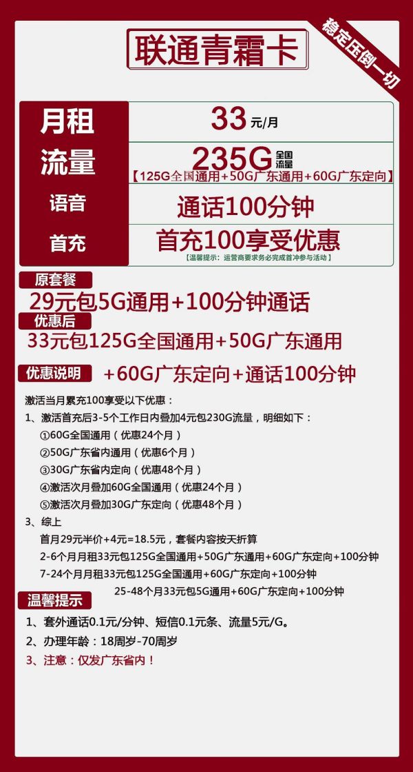 联通清霜卡33元/235G/100分钟