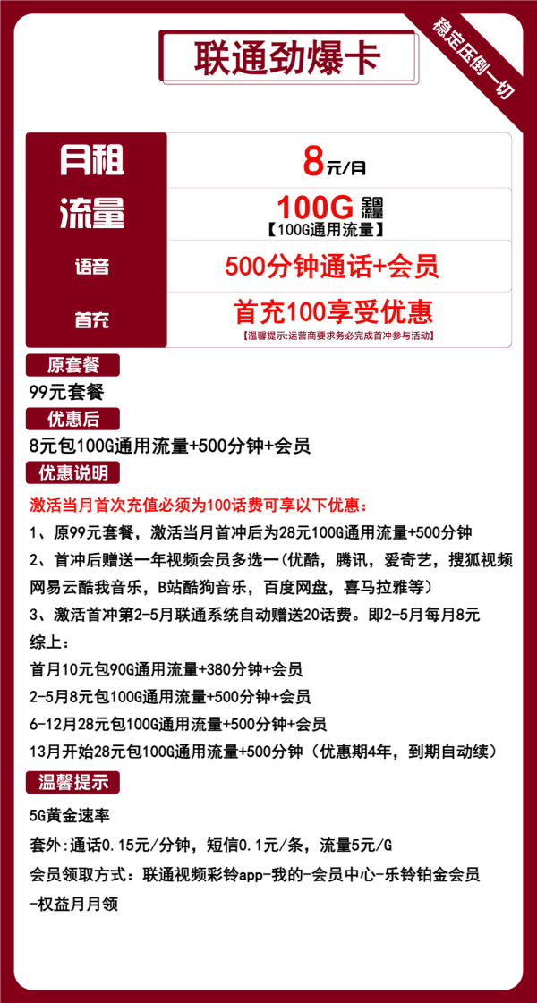 联通劲爆卡8元/100G/500分钟
