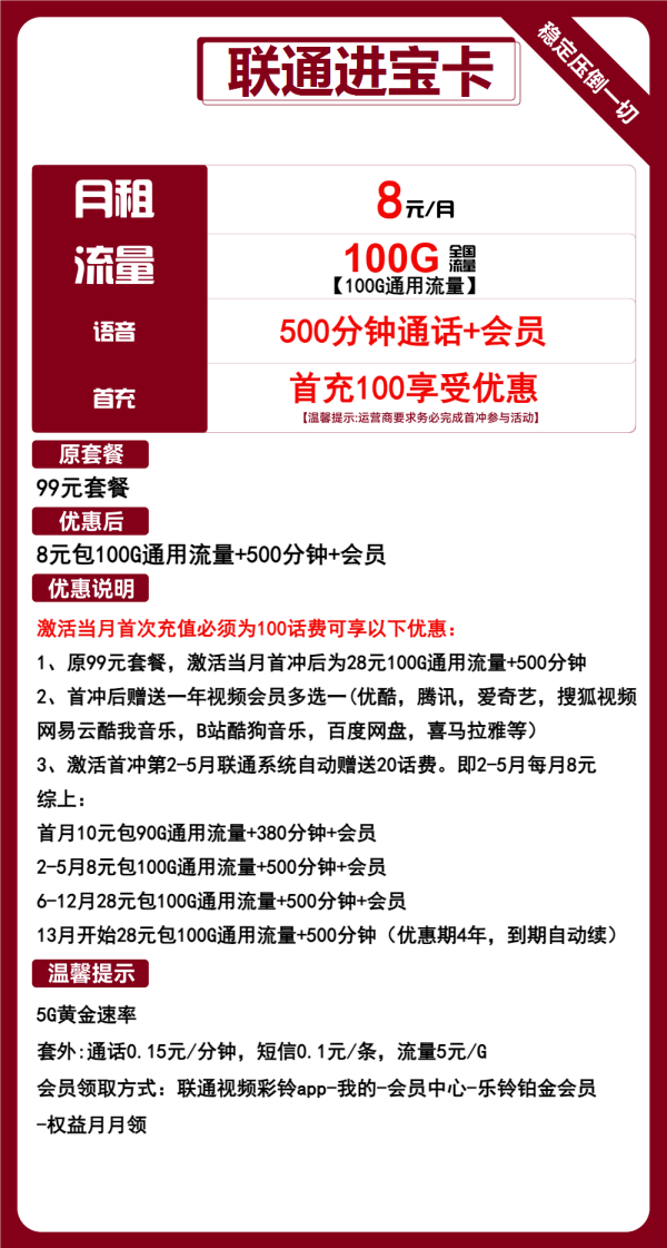 联通进宝卡8元/100G/500分钟