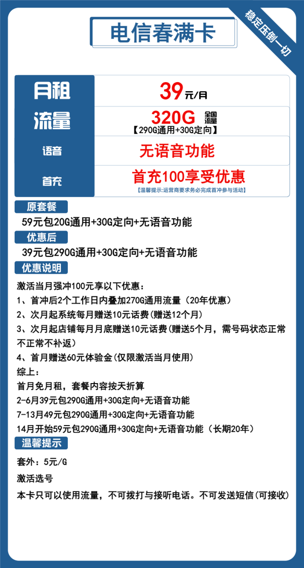 电信春满卡39元/320G
