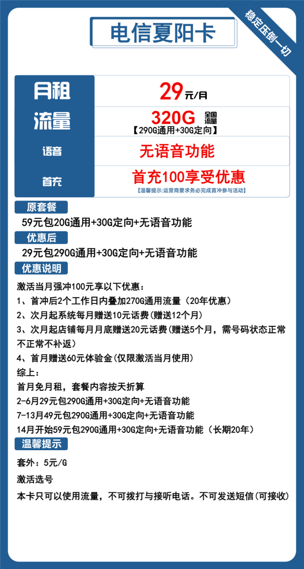 电信夏阳卡29元/320G