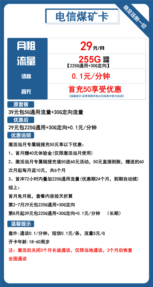 电信煤矿卡29元/255G