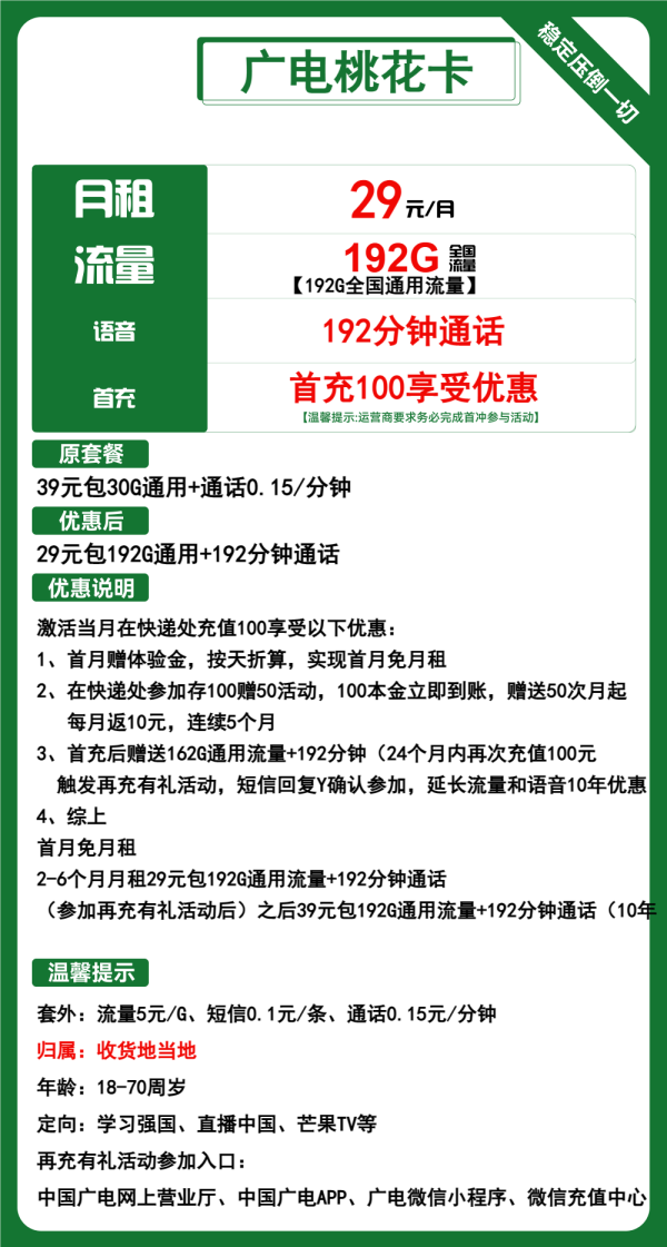 广电桃花卡29元/192G/192分钟