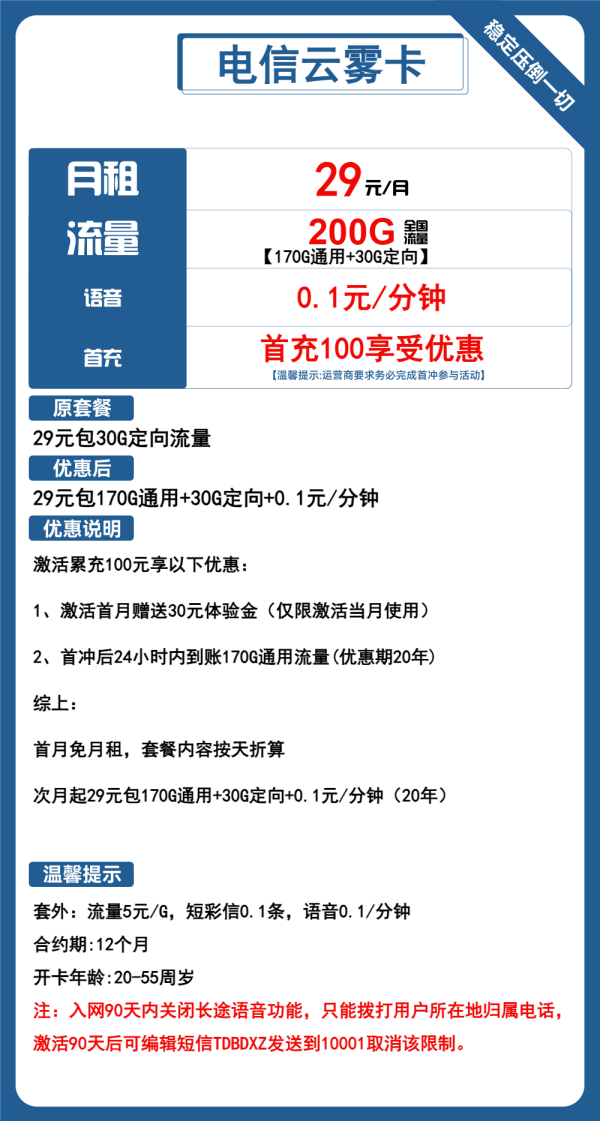电信云雾卡29元/200G