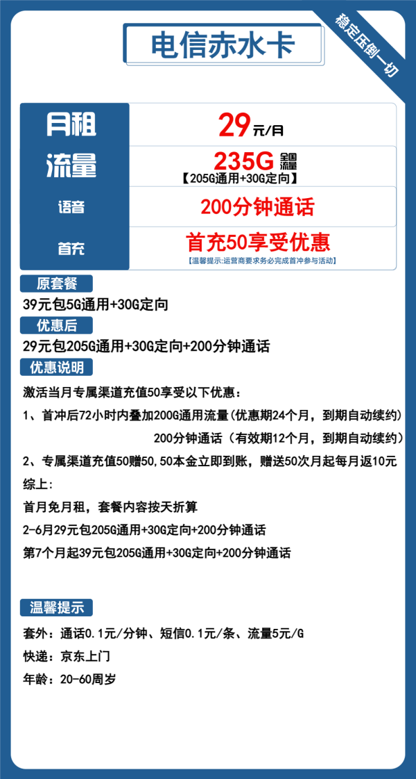 电信赤水卡29元/235G/200分钟