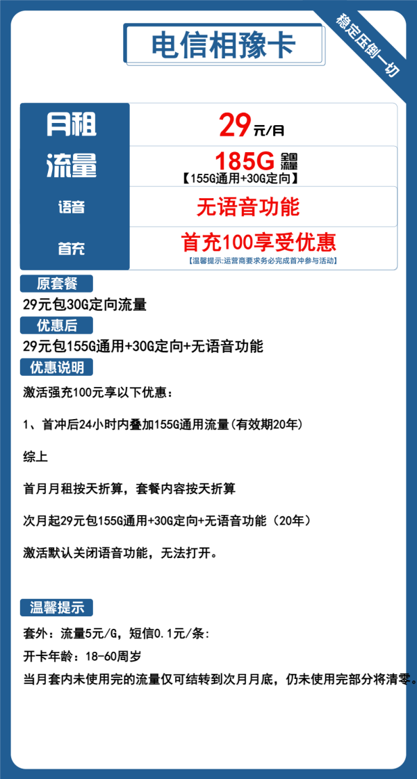 电信相豫卡29元/185G