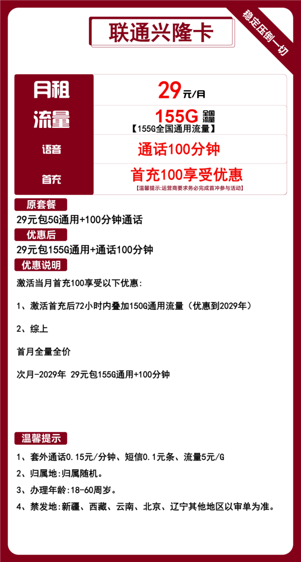 联通兴隆卡29元/155G/100分钟