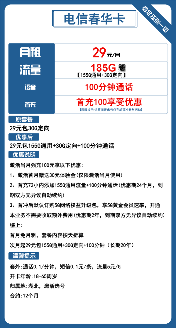 电信春华卡29元/185G/100分钟