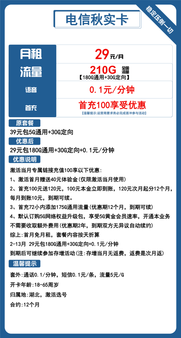 电信秋实卡29元/210G