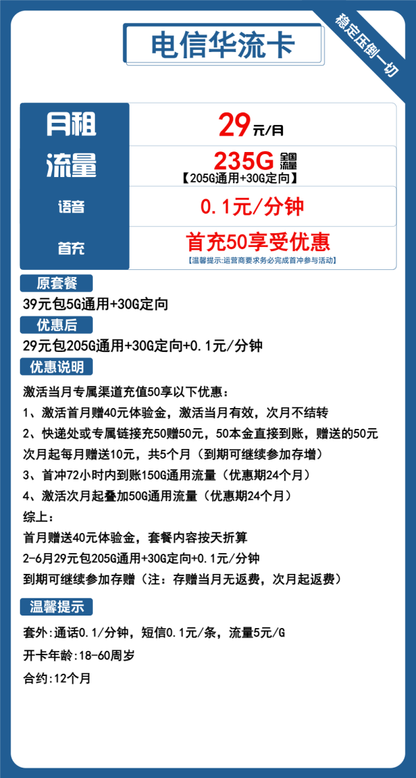 电信华流卡29元/235G
