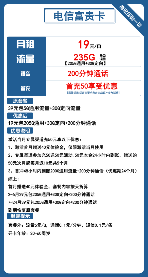 电信富贵卡29元/235G/200分钟