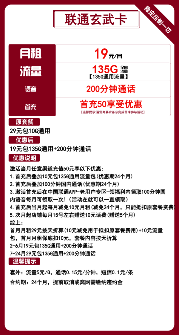 联通玄武卡19元/135G/200分钟