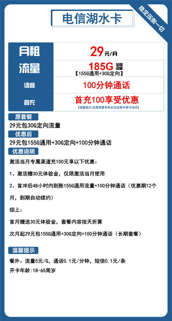 电信湖水卡29元/185G/100分钟