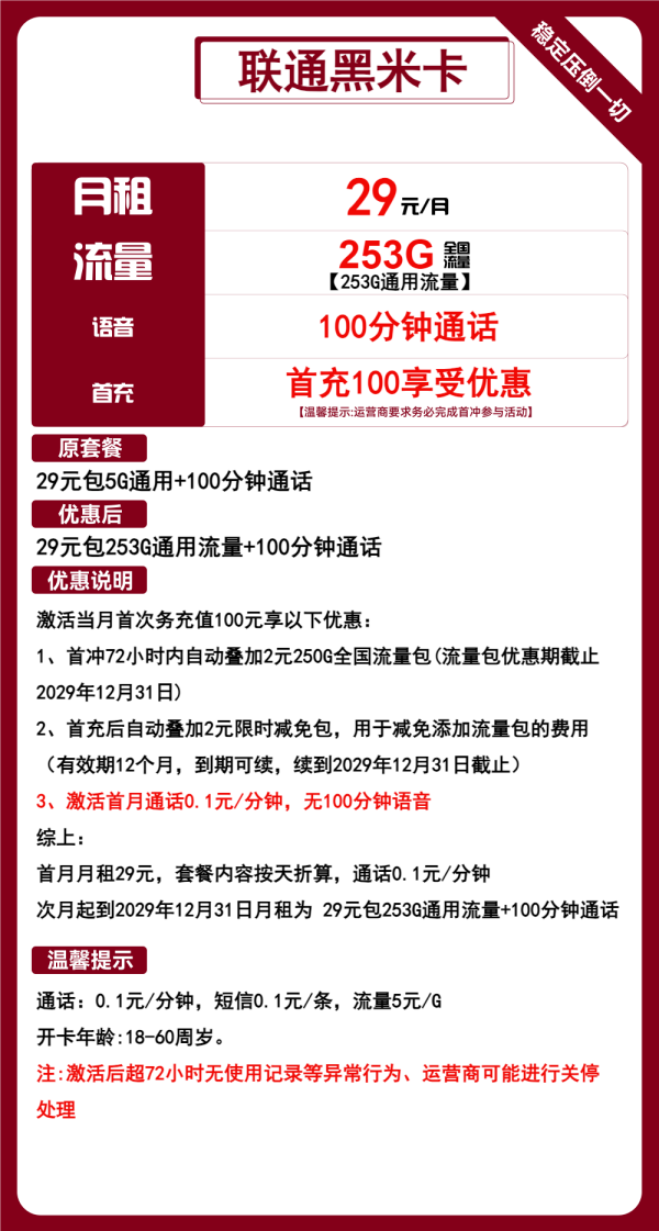 联通黑米卡29元/235G/100分钟