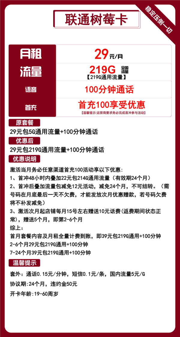 联通树莓卡29元/219G/100分钟