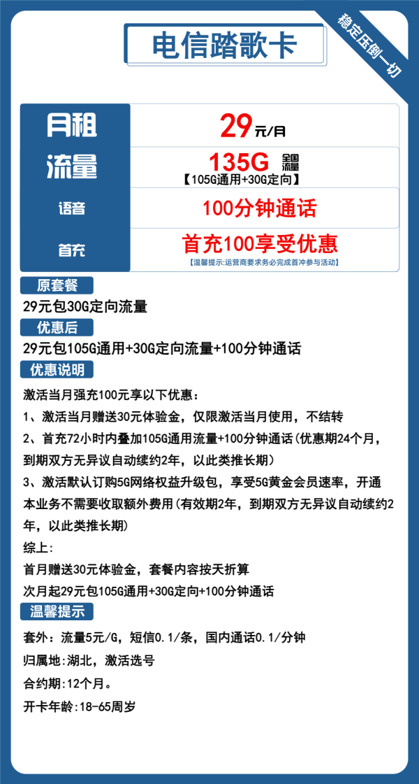 电信踏歌卡29元/135G/100分钟