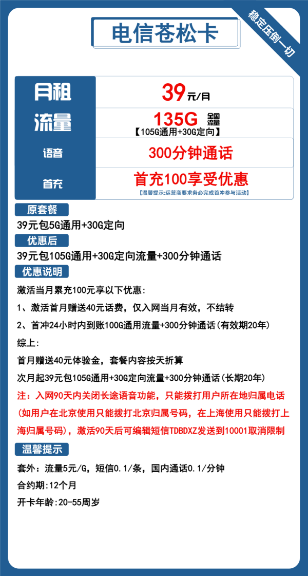 电信苍松卡39元/135G/300分钟