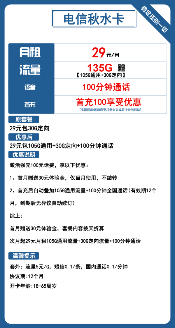 电信秋水卡29元/135G/100分钟
