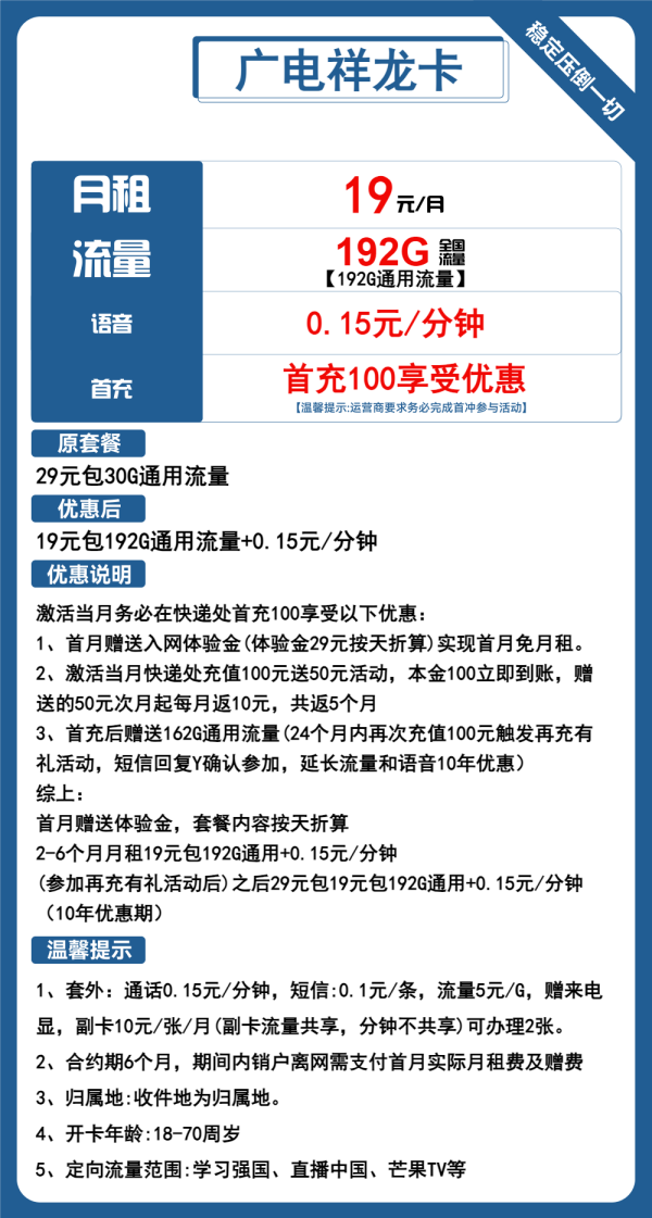 广电祥龙卡19元/192G