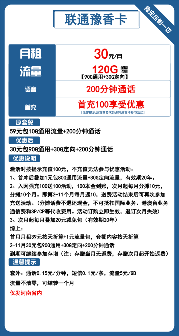 电信豫香卡30元/120G/200分钟