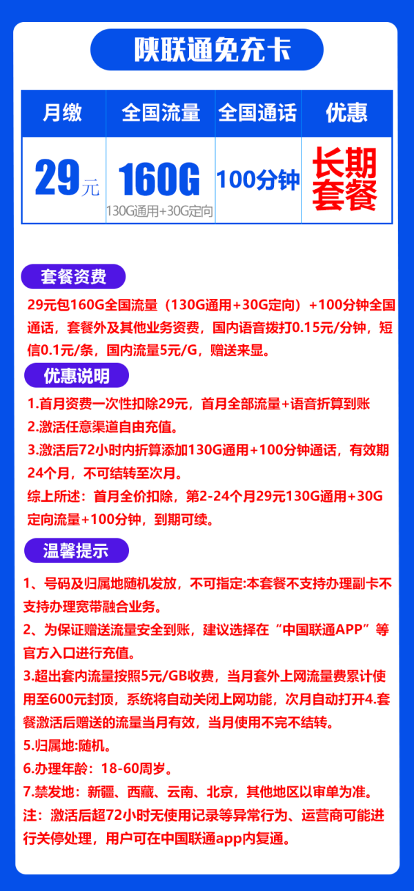 联通免充卡29元/160G/100分钟