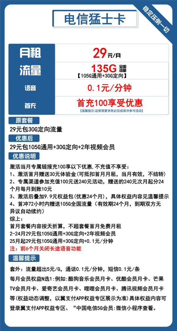 电信猛士卡29元/135G