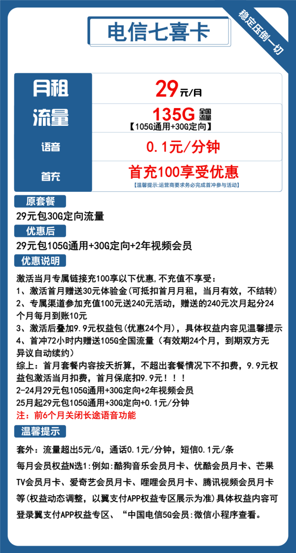 电信七喜卡29元/135G