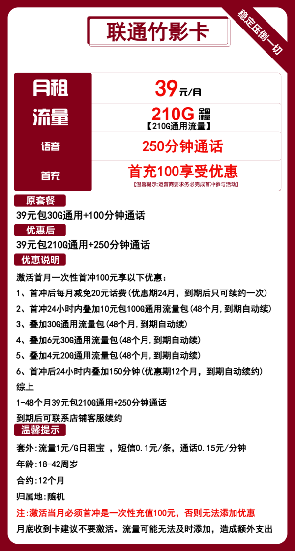 联通竹影卡39元/210G/250分钟