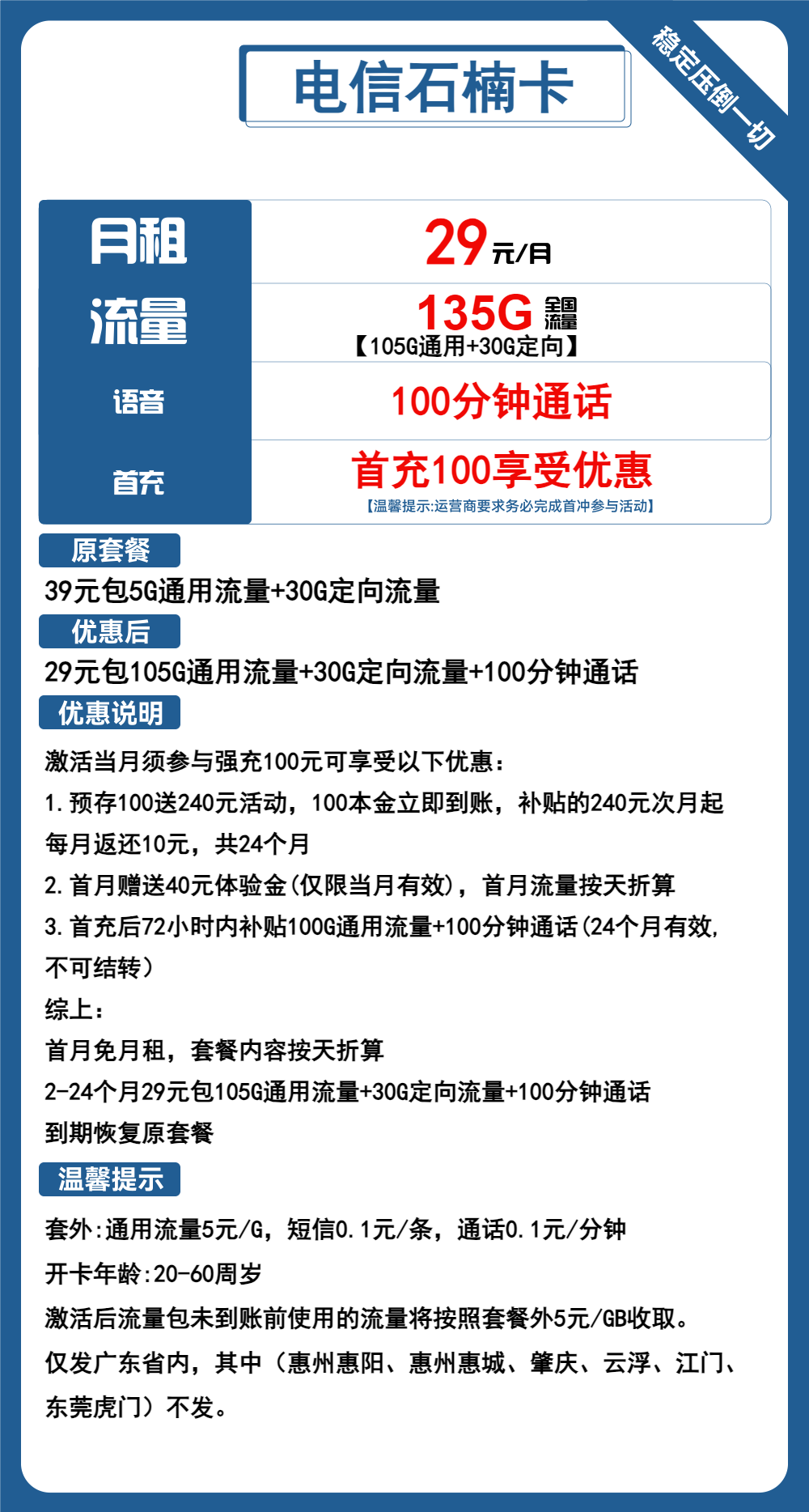 电信石楠卡29元/135G/100分钟