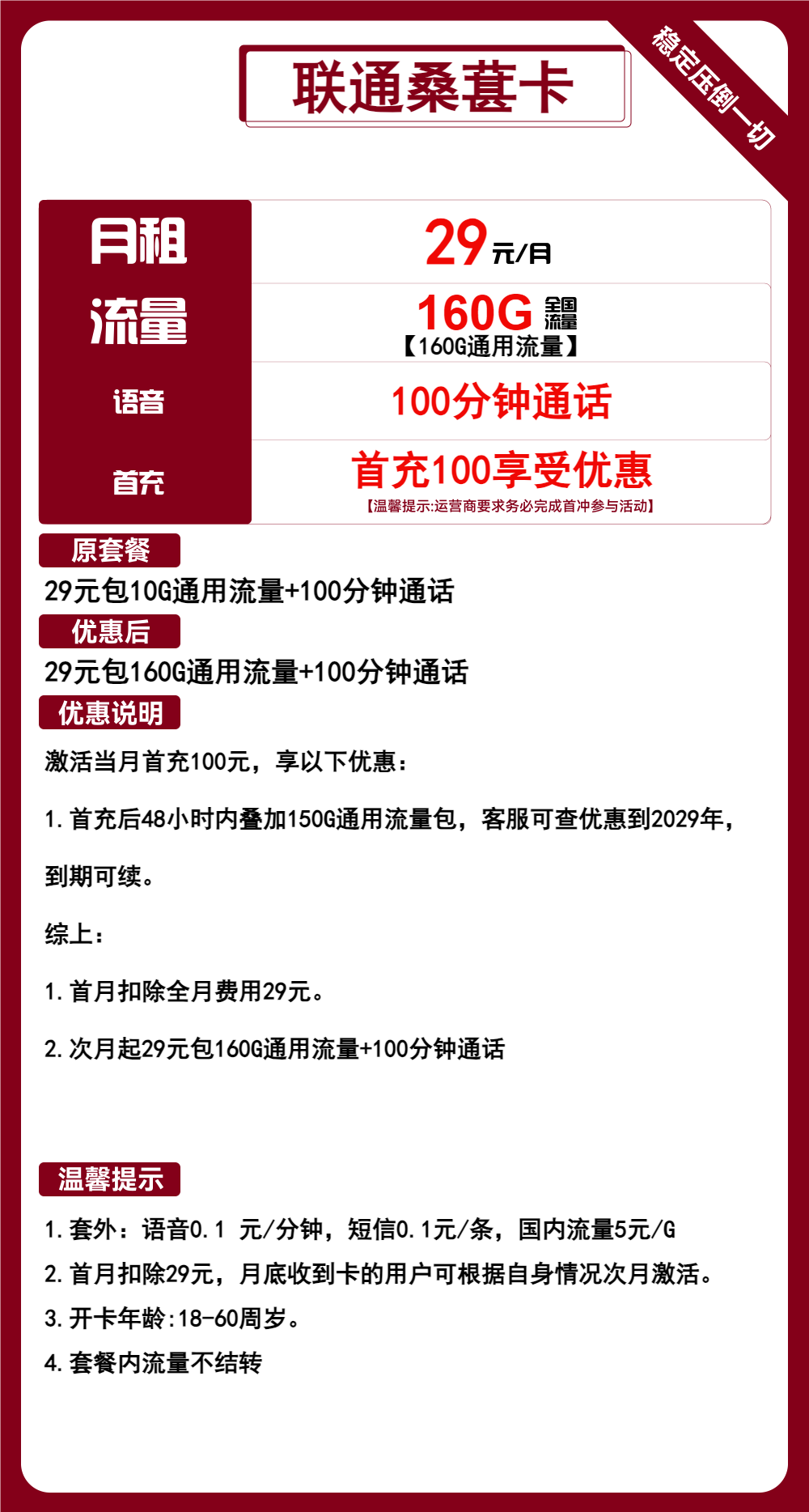 联通桑葚卡29元/160G/100分钟